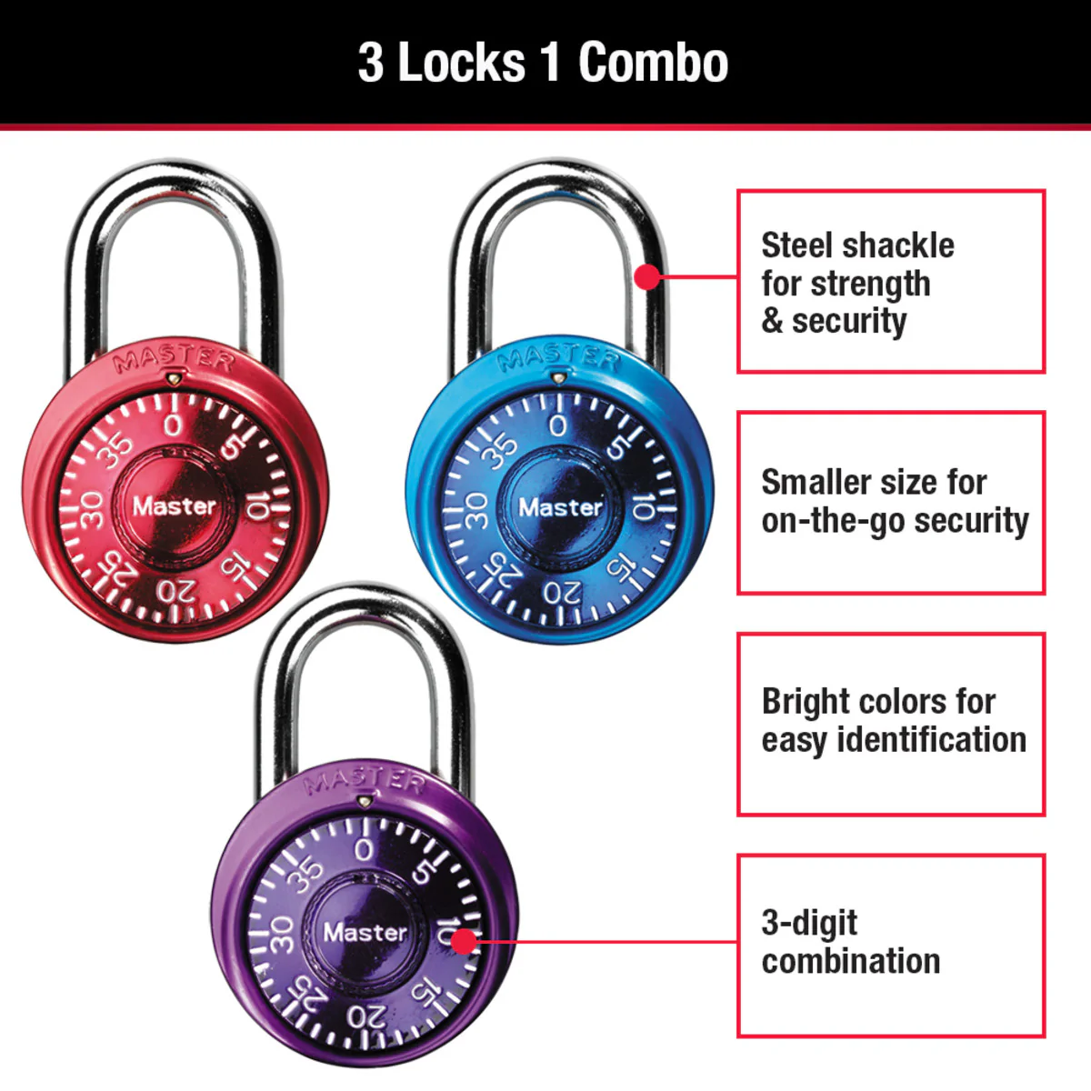 Standard Dial Combination Lock Locker Lock, Assorted Colors, 1-9/16 in Wide, 3-Pack - Image 4