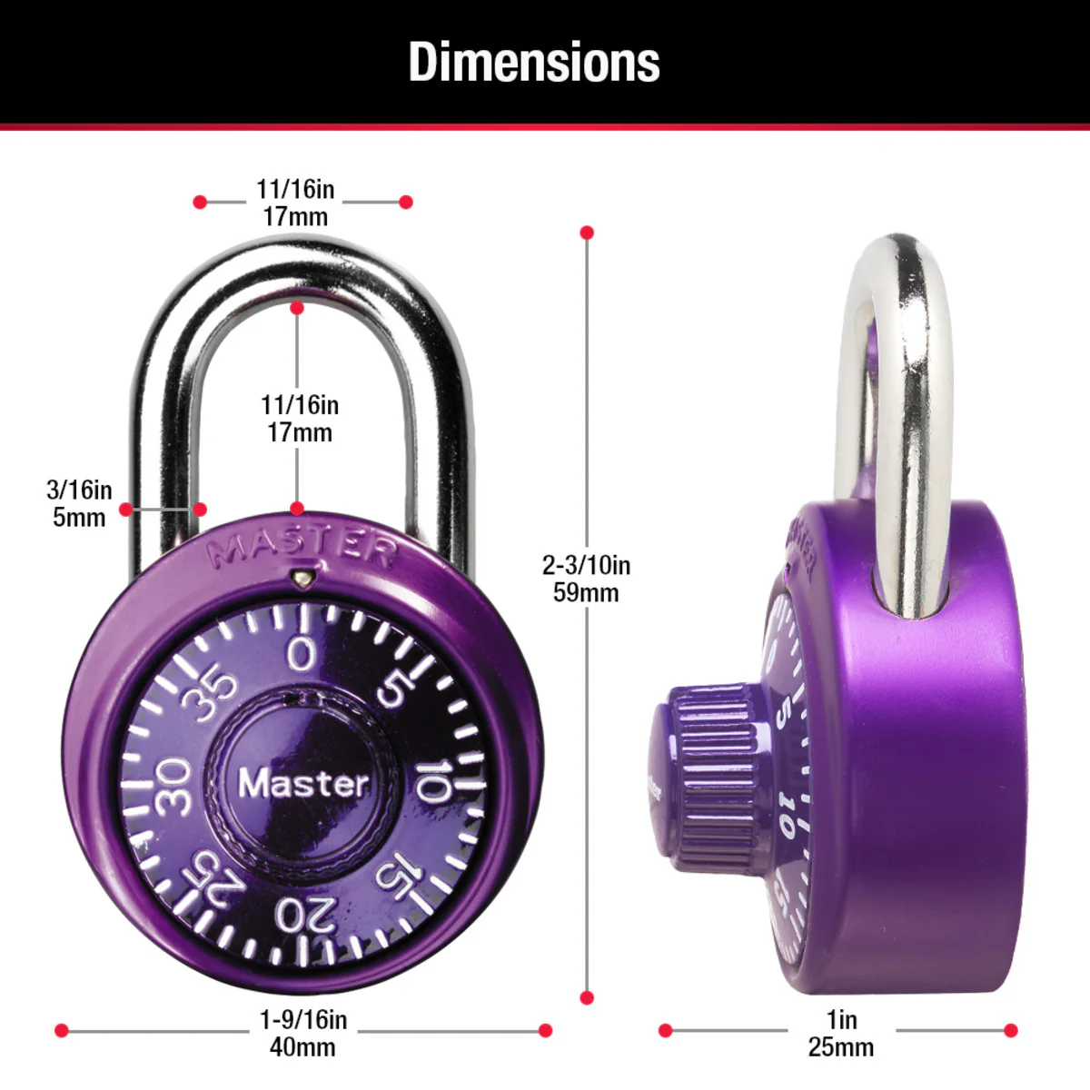 Standard Dial Combination Lock Locker Lock, Assorted Colors, 1-9/16 in Wide, 3-Pack - Image 7