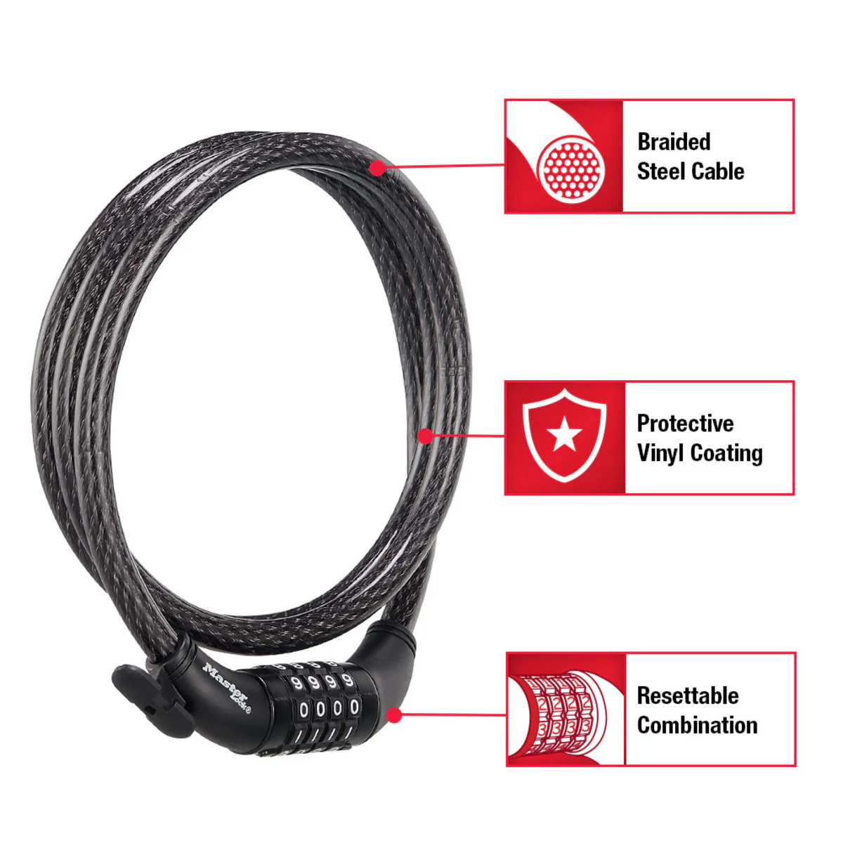 Combination Braided Steel Cable Lock, 5 ft x 1/2 in - Image 2
