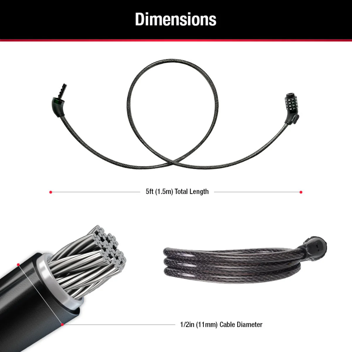 Combination Braided Steel Cable Lock, 5 ft x 1/2 in - Image 6