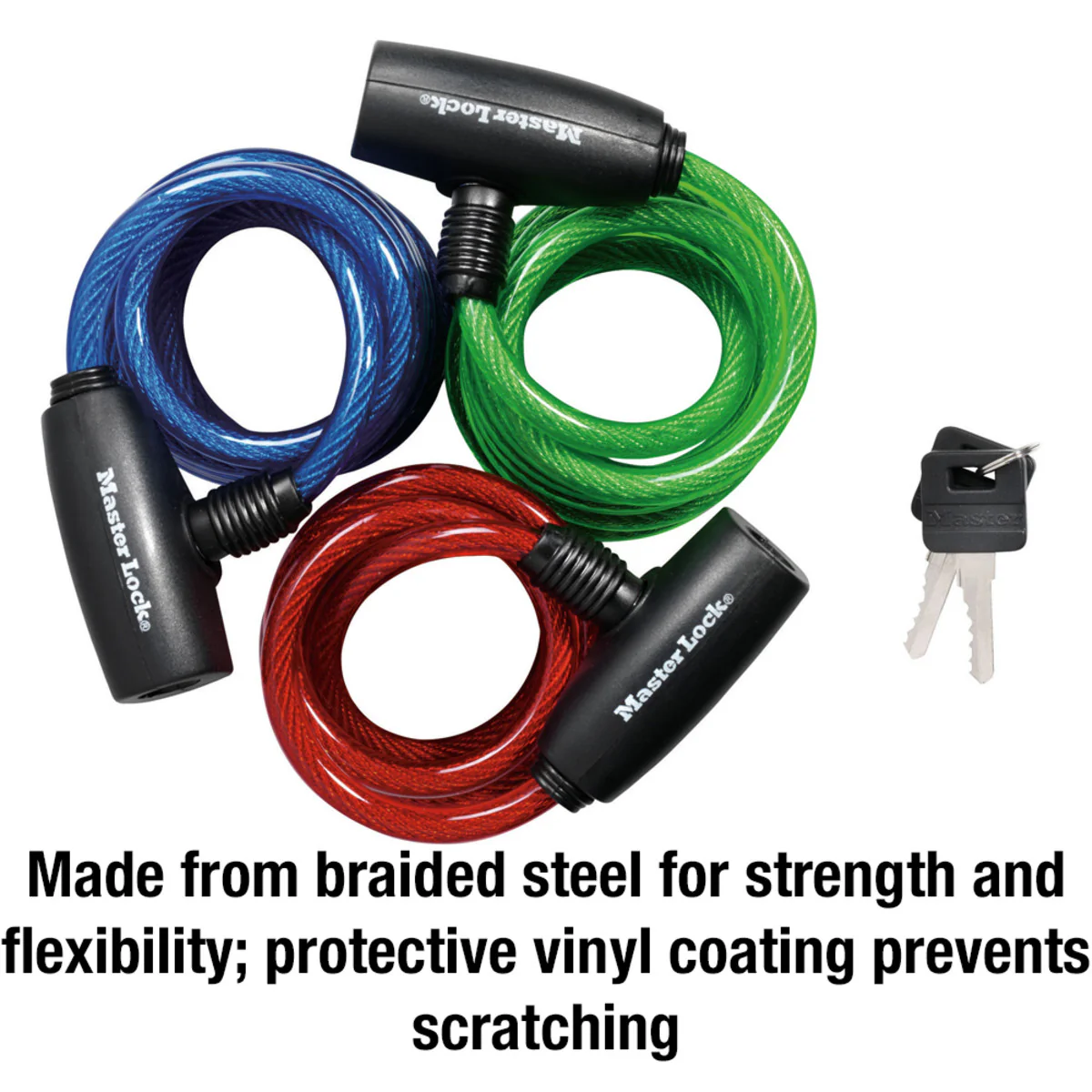 Keyed Braided Steel Cable Lock, 6 ft x 5/16 in, Assorted Colors, 3-Pack - Image 4
